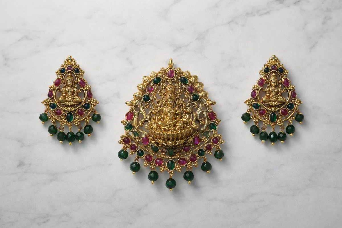 Lakshmi Devi Temple Pendant, wholesale imitation temple jewellery by Jagruti Mumbai