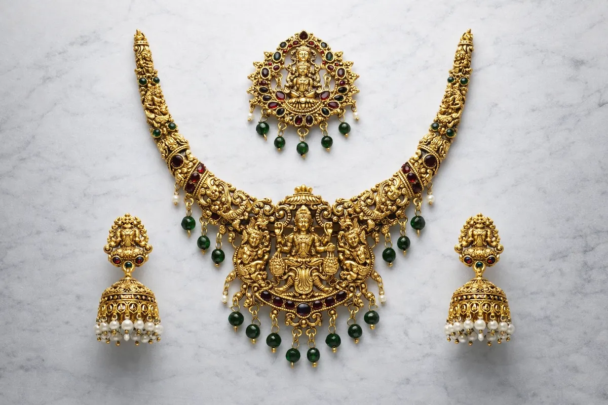 Kemp Stone Necklace Set, wholesale imitation temple jewellery by Jagruti Mumbai