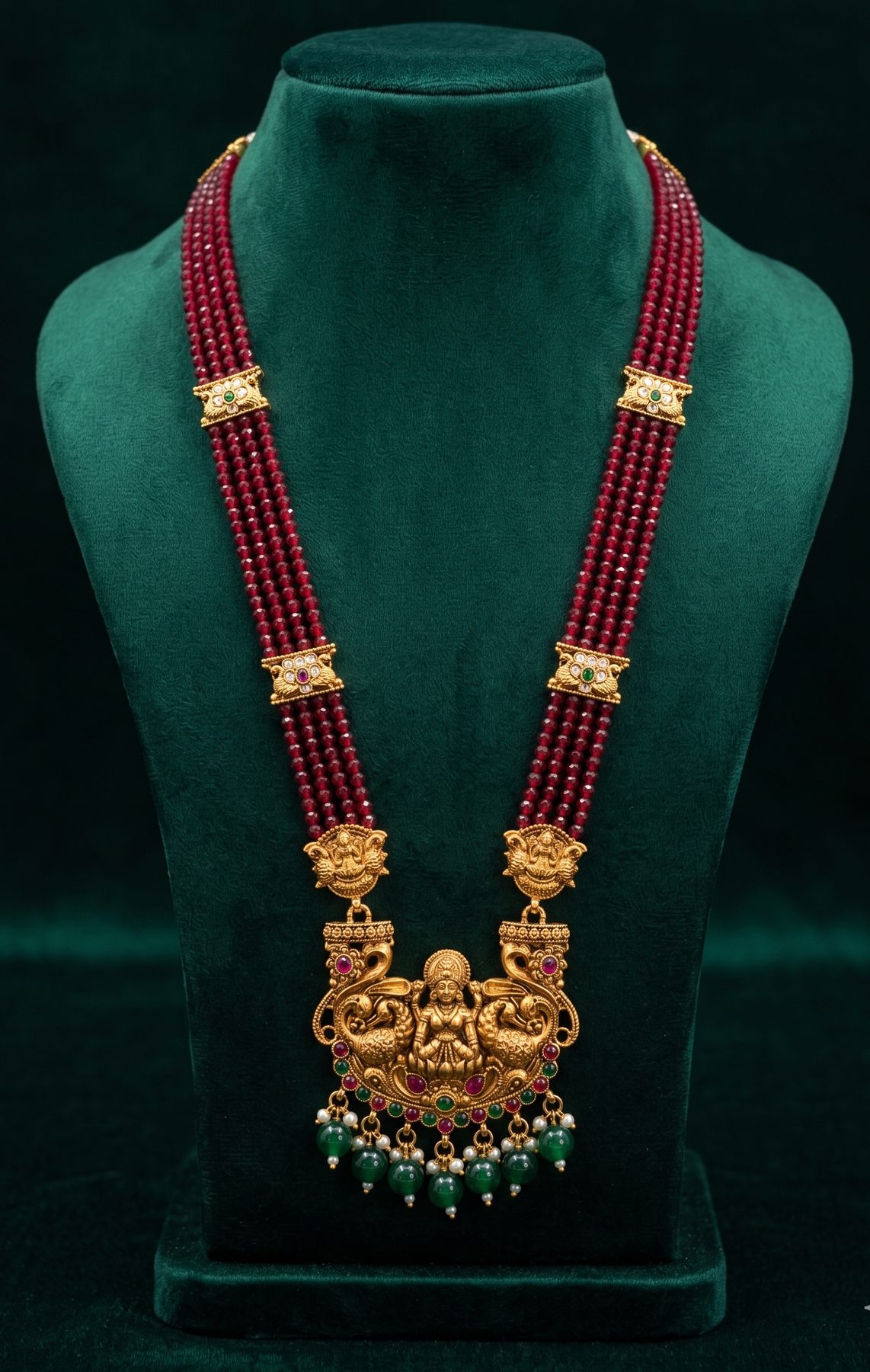 Antique gold long haaram with kemp ruby beads and Lakshmi temple pendant, wholesale imitation jewellery by Jagruti Imitation Jewellery Mumbai