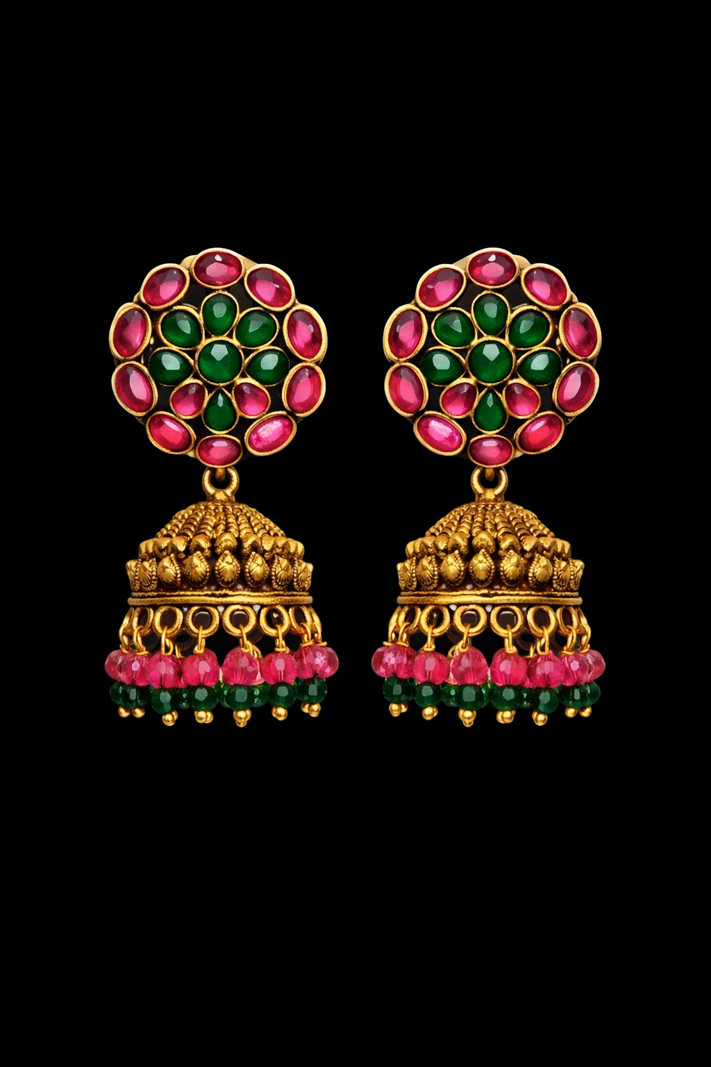 Antique Finish Kemp Stone Floral Jhumka Earrings (Pink & Green), wholesale imitation temple jewellery by Jagruti Mumbai