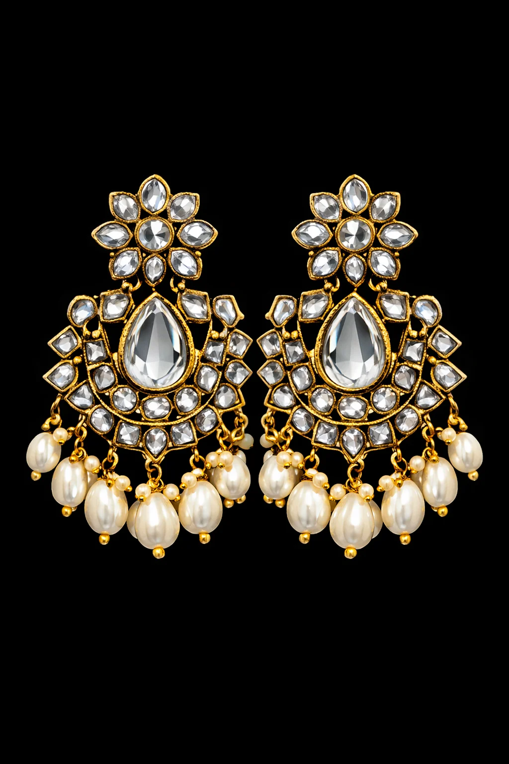 Jadau Kundan & Pearl Drop Chandbali Earrings (Gold Finish), wholesale imitation temple jewellery by Jagruti Mumbai