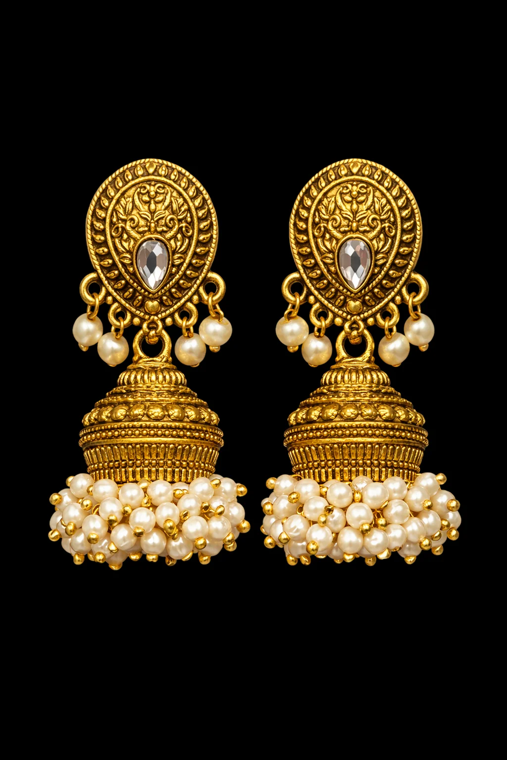 Traditional Gold Plated Antique Jhumkas with Pearl Clusters, wholesale imitation temple jewellery by Jagruti Mumbai