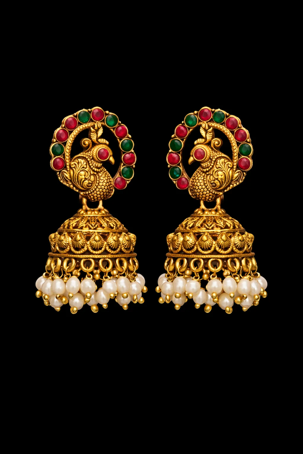 Antique Gold Plated Peacock Motif Jhumkas with Pearl Drops, wholesale imitation temple jewellery by Jagruti Mumbai