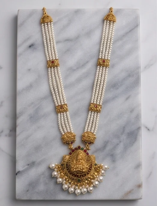 Pearl Temple Haaram, wholesale imitation temple jewellery by Jagruti Mumbai