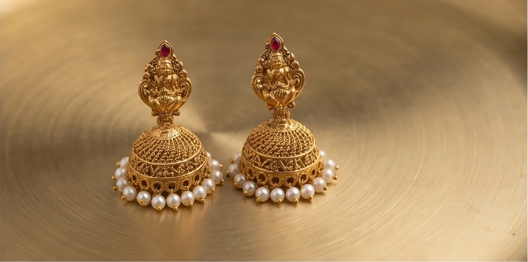 Temple Jhumka Pair, wholesale imitation temple jewellery by Jagruti Mumbai